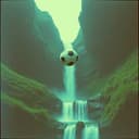 لاعبين كرة قدم وشلال خلفهم