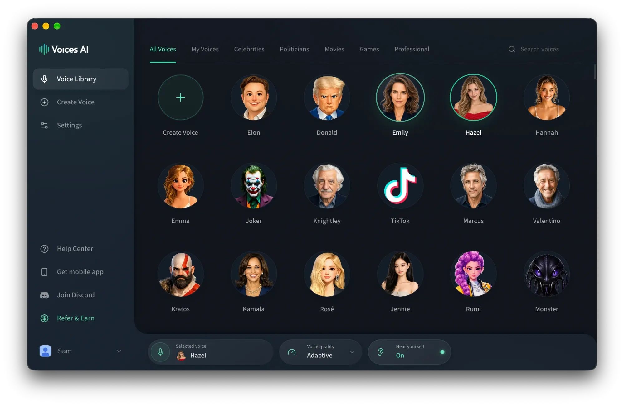 Voices AI Live desktop voice changer interface