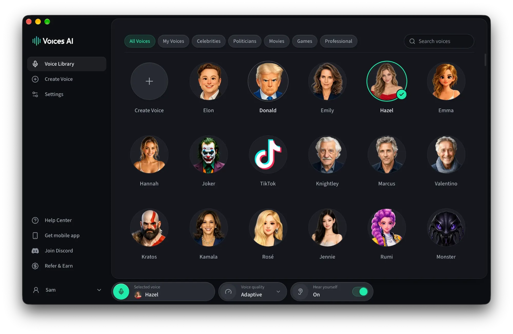 Voices AI Live desktop voice changer interface
